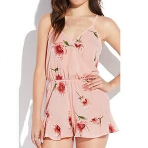 Lydelle Floral Spaghetti Strap Romper Peach Pink Large Polyester